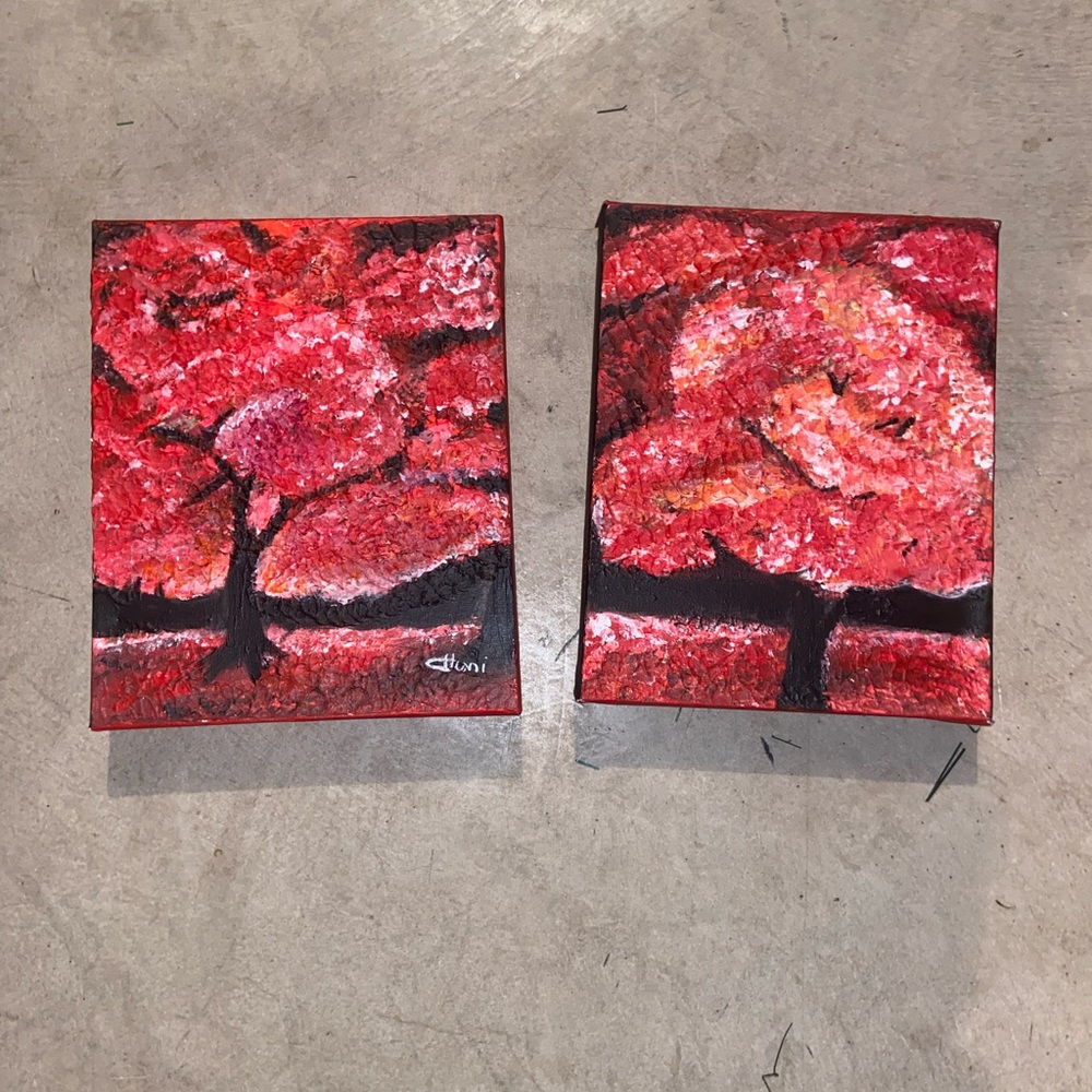 Pair of 2 Red/Pink Tree Paintings